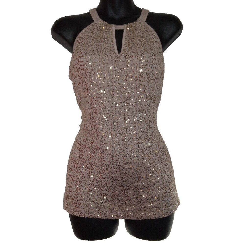 International Concepts Women's  Thank-Top Hatler-neck Brown Sequin Keyhole SZ:S